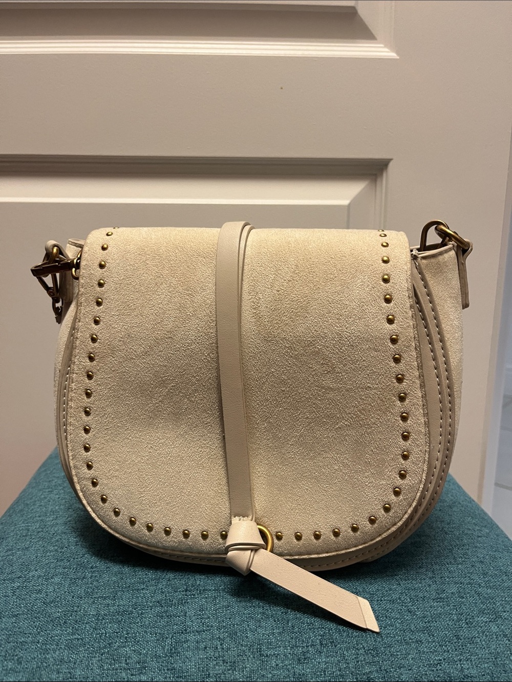 Rachel Zoe Cream Suede Stud-Trim Saddle Crossbody